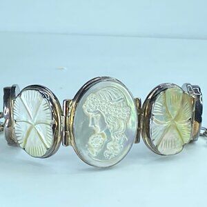 Art Deco Sterling MOP Cameo Victorian Grace Hibiscus flower bracelet 66.4g JR256